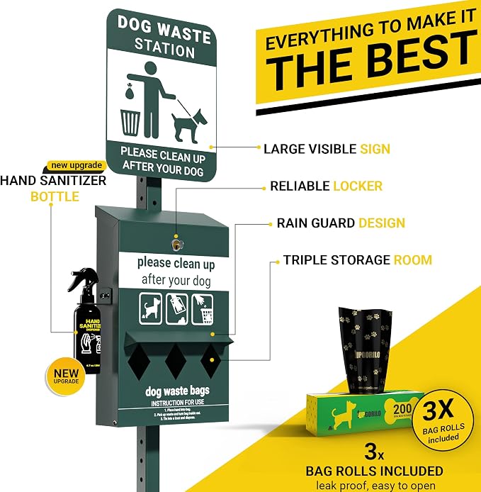 Pet Waste Station with Pedal - Includes 600 Roll Bags & 50 Can Liners - Glow in the Dark Dog Waste Station with Dog Poop Sign, Bag Dispenser, Hand Sanitizer Bottle & Outdoor Trash Can with Lid
