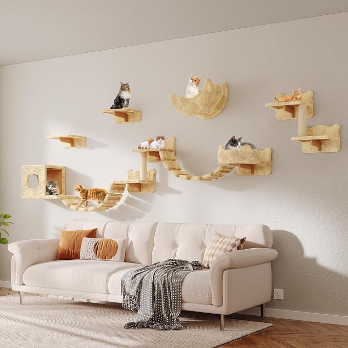 Cat Wall Furniture, 13 in 1 Moon & Bridge Cat Wall Shelves, Beige | Wall Mounted Cats Shelf Set with Plush Fabric, Cat Climbing Systems for 16 Inch Drywall, Condo, Scratching Post, Space-Saving