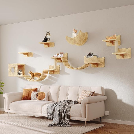 Cat Wall Furniture, 13 in 1 Moon & Bridge Cat Wall Shelves, Beige | Wall Mounted Cats Shelf Set with Plush Fabric, Cat Climbing Systems for 16 Inch Drywall, Condo, Scratching Post, Space-Saving