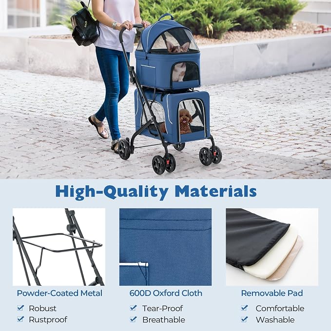 Giantex Double Dog Stroller for 2 Dogs, Detachable Carriers, Safety Belt, 4 Lockable Wheels, Pet Travel Carrier Strolling Cart, Folding Cat Stroller for Small Medium Pets Dogs (Blue)