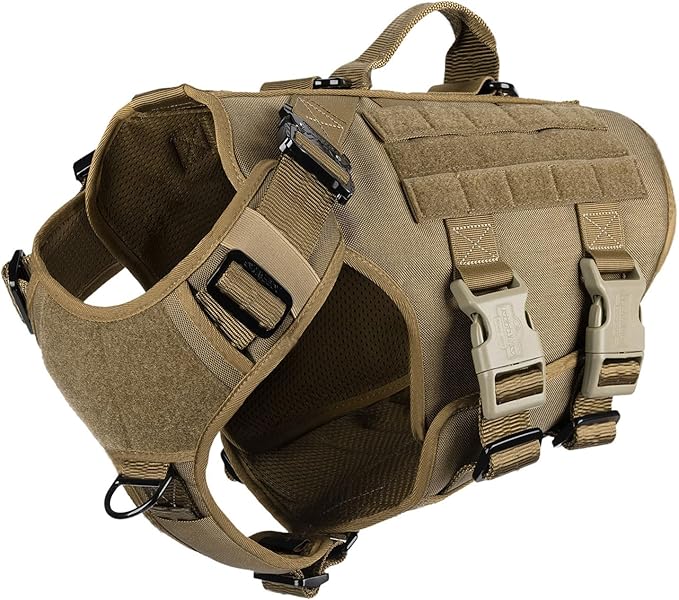 ICEFANG No Pull Tactical Dog Harness for X-Large Dogs,Adjustable Dog Vest | Control Handle,MOLLE Panel,Front Hook,3 Leash Clips,Soft Padded,for walking training,Brown,X-Large