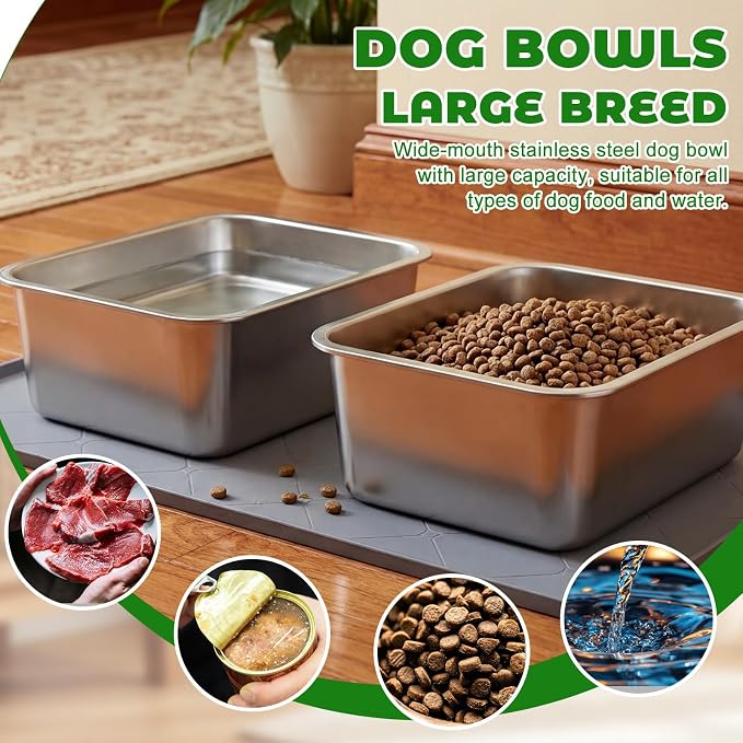4 Gallon Extra Large Dog Water Bowl, 2 Pack Thickened Stainless Steel Dog Water and Food Bowls with Non Slip Mat, Spill Proof Metal Pet Bowl Set for X-Large Multiple Dogs Indoor Outdoor Use
