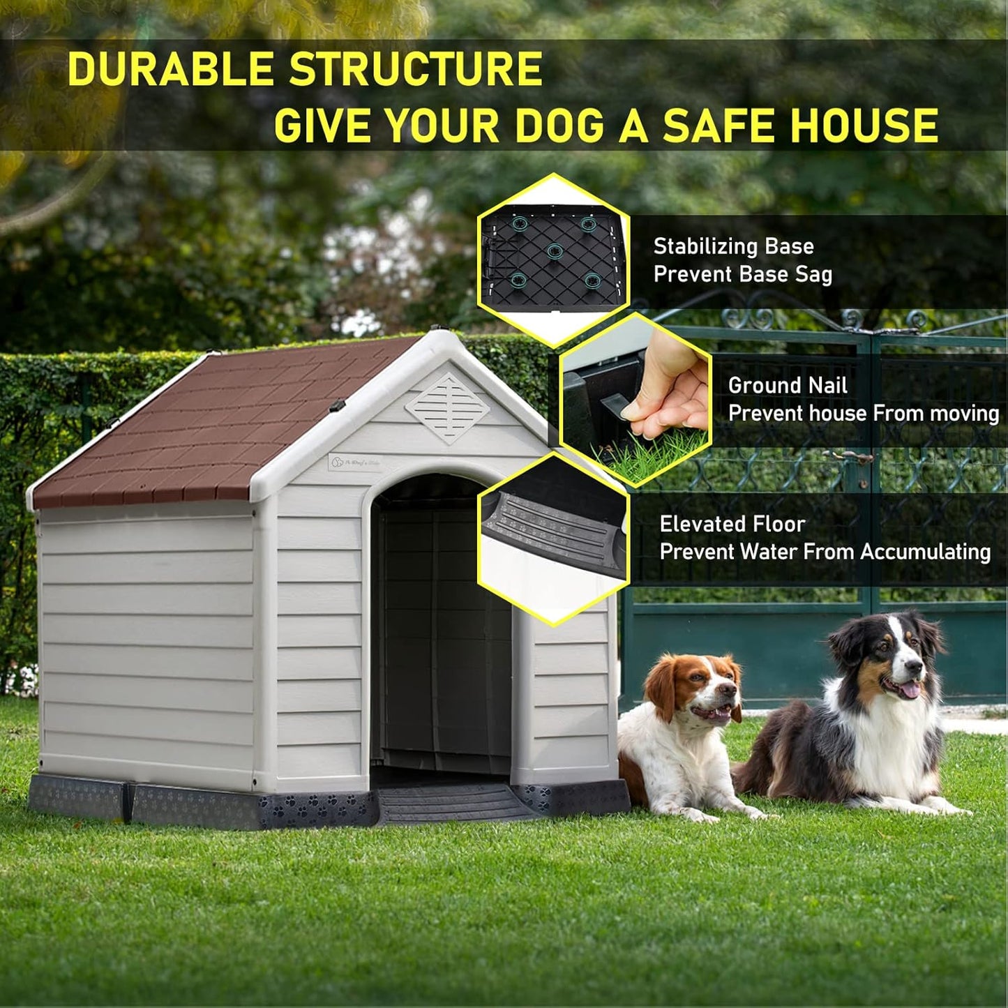 LEMBERI Durable Waterproof Plastic Dog House for Small to Large Sized Dogs, Indoor Outdoor Doghouse Puppy Shelter with Elevated Floor, Easy to Assemble (Brown, 42''L*38''W*39''H)