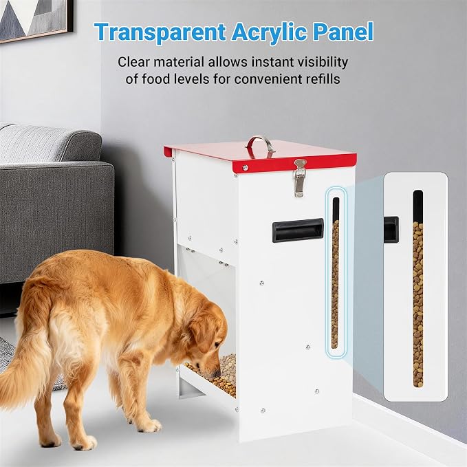 Automatic Dog Feeder - 15LBS Capacity Auto Gravity Dispenser | Powder Coated Dog Feeder, Waterproof for Indoor & Outdoor Use, 10.2"L x 8.3"W x 19"H, Red and White