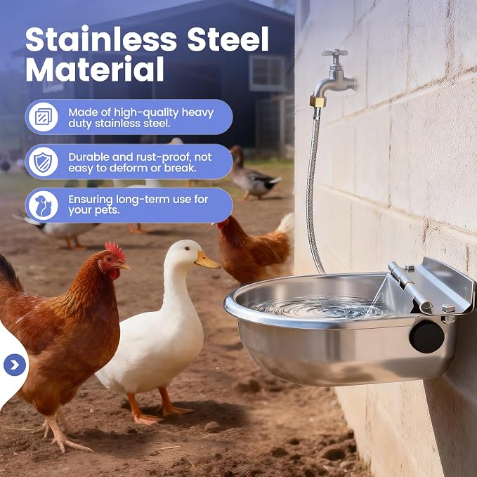 Automatic Dog Water Bowl Dispenser Outdoor, Water Dispenser for Dogs Cats, 304 Stainless Steel Waterer for Large Dogs Chicken Duck Pig Cow Goat, Wall Mountable, with Drainage Hole