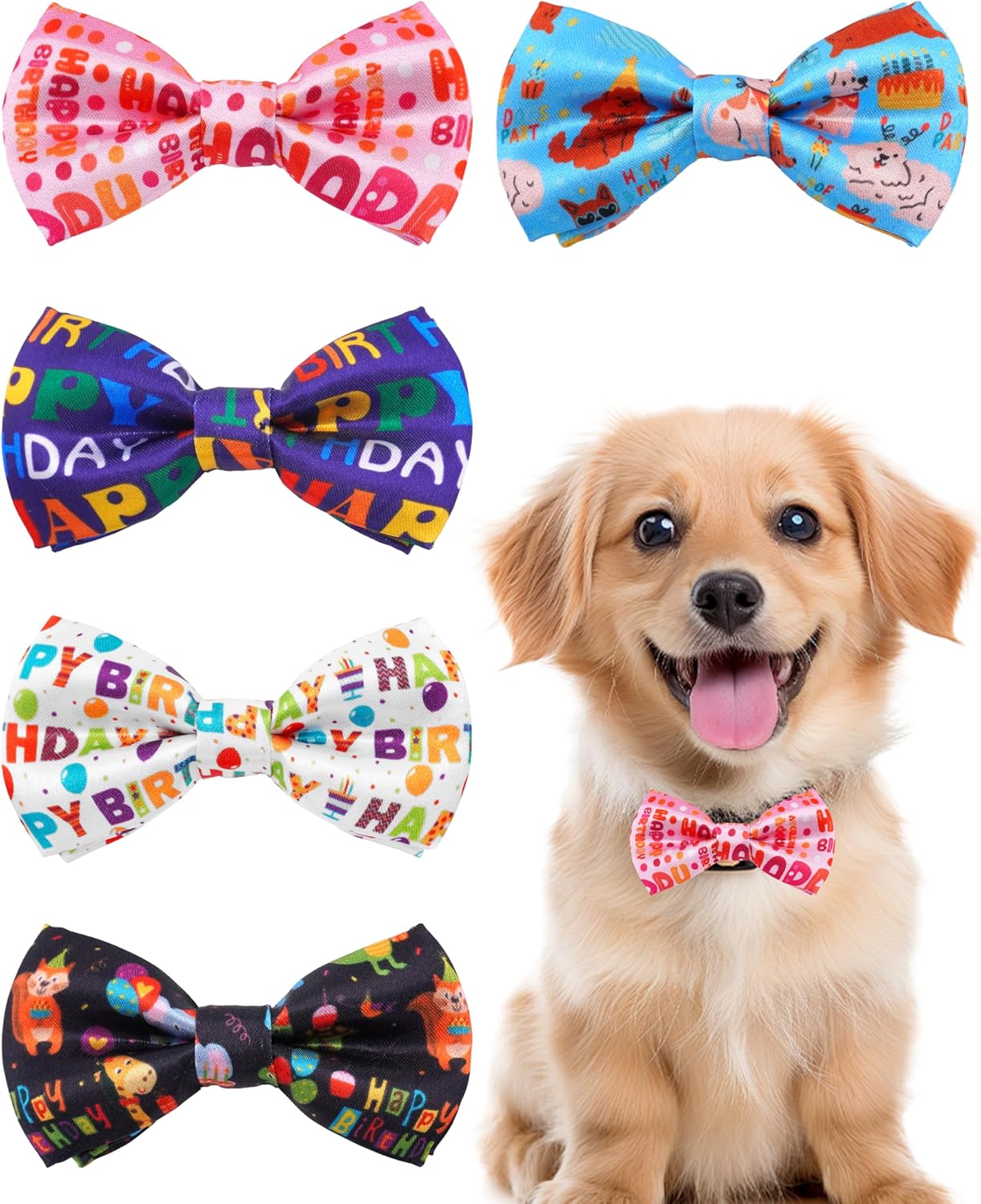 PET SHOW 5 Pack Happy Birthday Small Dog Bow Ties Sliding Collar Attachment Puppies Cats Pet Bowties for Party Balloon Cake Bowknots Collar Charms Grooming Accessories