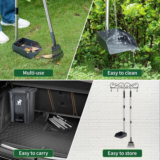 Dog Pooper Scooper, Dog Poop Trash Can Set with Removable Inner Bucket, Long Handle Rake, 150 Waste Bags, Easy Pick Up Poop Scooper, 20L Dog Poop Trash Bin for Small/Large Dog Families