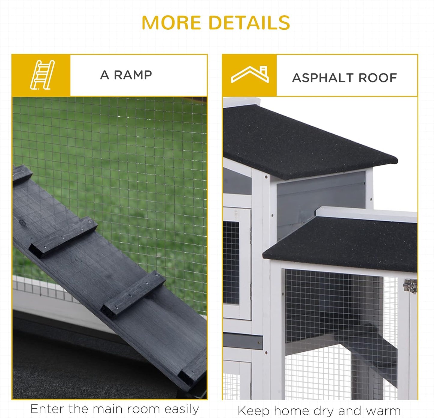 PawHut 62" Rabbit Hutch, Wooden Bunny Hutch, Guinea Pig Cage, Small Animal Enclosure with Run Area, Removable Tray, Asphalt Roof, Lockable Doors and Ramp, Gray