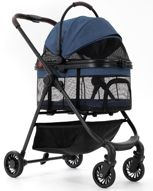 3 in 1 Pet Carrier Stroller with Detachable Carrier, Foldable Dog & Cat Stroller for Small/Medium Dogs up to 33 lbs, Large Storage Bag, Full Window Mesh, One-Touch Dual Brake, Car Seat