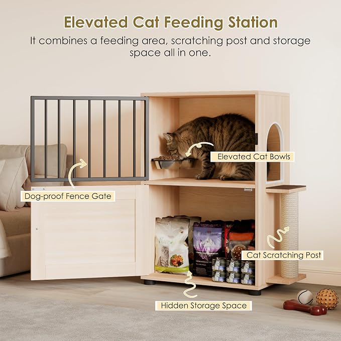 Dog Proof Cat Feeding Station, Dog Proof Cat Feeder, Cat Food Table,Nature | Cat Feeding Station with Scratching Post, Elevated Cat Food Bowls with Stand, Pet Food Storage Cabinet, Cat House Furniture