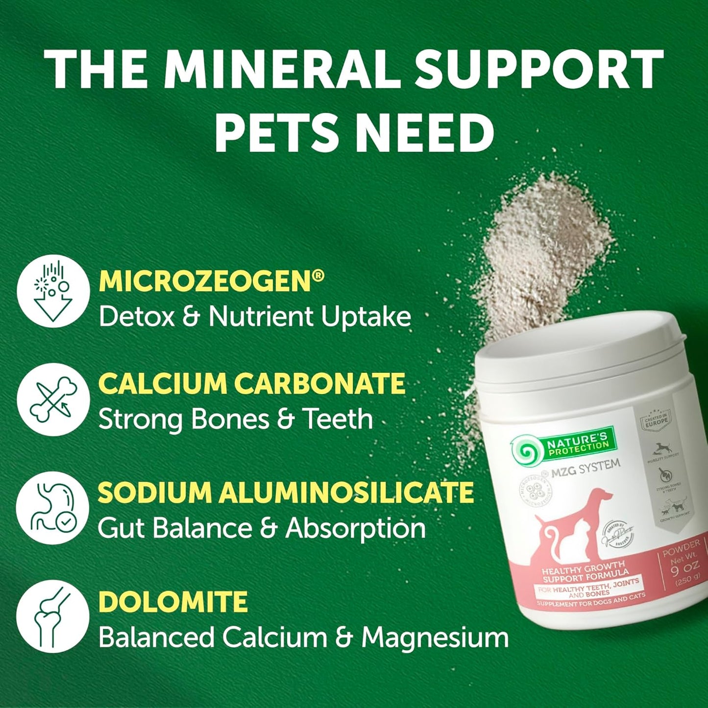 Nature's Protection Hip Joint Supplement for Dogs - Puppy Healthy Growth Mineral Supplements with Calcium for Development Support, Bone & Teeth Strength, Gut Health for Dogs & Cats of All Breeds, 9 Oz