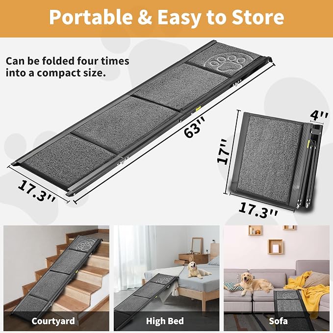 Dog Ramp for Large Dogs, Portable Pet Ramp for SUV Car & Truck | 63" Long & 17.3" Wide, Non-slip Surface, Supports 250 lbs, Foldable Outdoor Pet Ramp