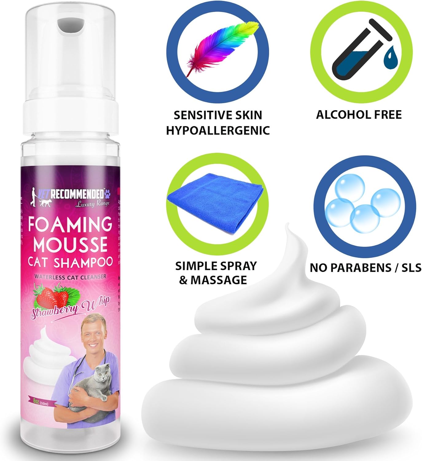 Waterless Cat Shampoo Foaming Mouse - Strawberry Patch Scent (8 Oz/240 ml). for Sensitive Skin, Detergent and Alcohol Free. Helps in Cleaning, Conditioning & Moisturizing. Made in USA