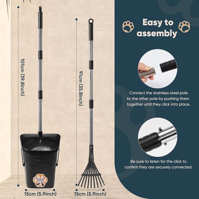 Stainless Steel Dog Pooper Scooper,40" Long Handle Swivel Bin and Rake,20 Waste Bags - Heavy Duty Portable Metal Poop Scooper for Large,Medium and Small Dogs