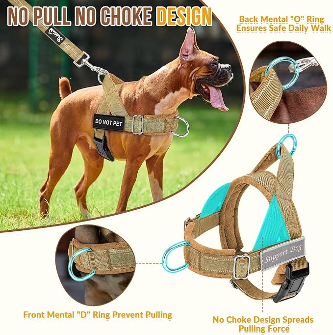 SlowTon No Pull Dog Harness with Front Clip - Heavy Duty, Soft Padded | Neck & Chest Adjustable, Tactical Pet Vest and Leash Set for Large Medium Sized Dogs, for Easy Walk & Training, Tan L