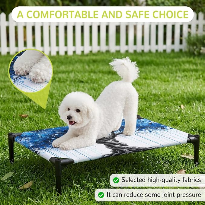 Outdoor Elevated Dog Bed for Medium Dogs, Blue Trees Breathable Cooling Raised Dog Cot for Indoor/Outdoor, Boho Nature Branch Leaf Plants Landscape Waterproof Elevated Pet Beds, M 24 x 20 in