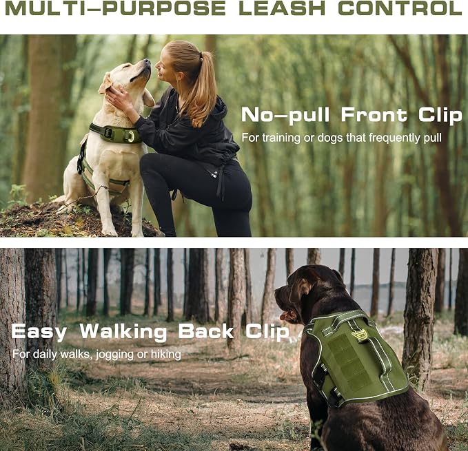 Dog Harness Medium Sized Dog, No Pull Dog Vest with Molle System | Tactical, Easy Control With Handle, Breathable Soft Padded, Adjustable, Reflective, No Choke for Walking, Green Medium