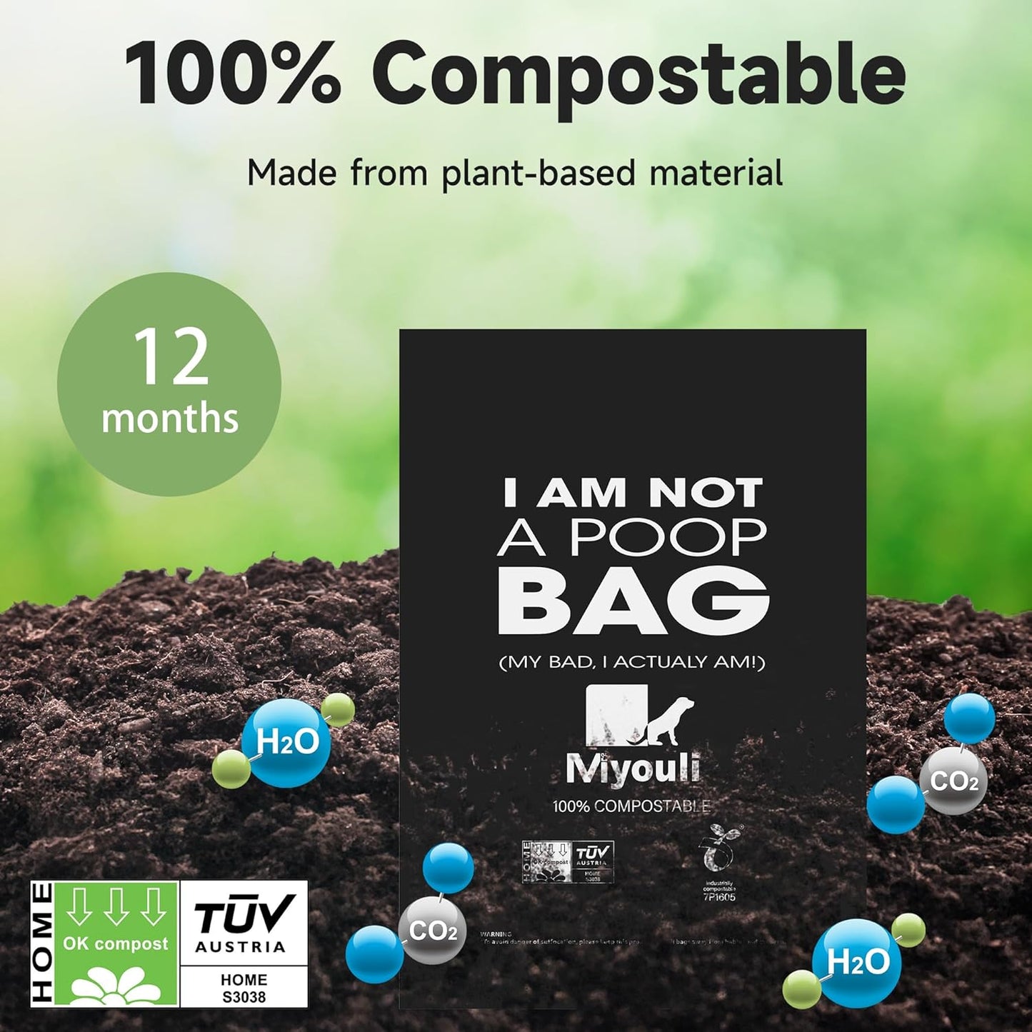 Certified Compostable Poop Bags for Dogs, 240 Poop Bags (16 Rolls),Landfill Friendly, Leak Proof Unscented Easy Open Poop Waste Bag（Black）