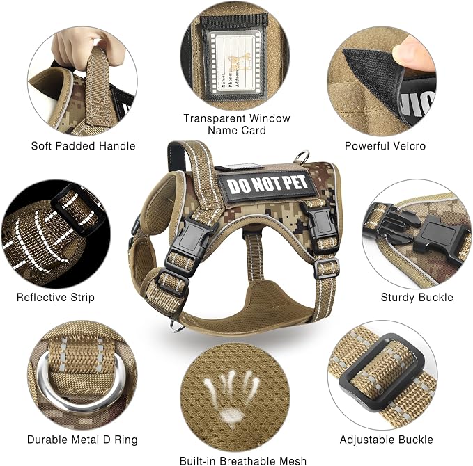 Tactical Service Dog Vest and Leash Set with 10 Patches Camo S | Adjustable No Pull Service Dog Harness for Small Sized Dog with Dog Seat Belt,Reflective Easy Walk for Training Hiking