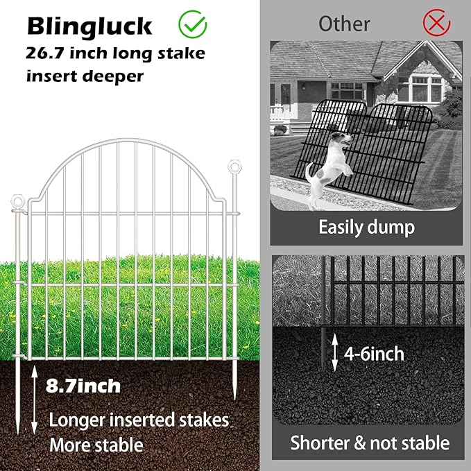 10 Panels No Dig Decorative Garden Fence for Yard, 24in (H) x 20ft (L) Rustproof Metal Wire Panel Border Animal Barrier Fencing for Dog, Rabbits, Flower Bed Edging Ornamental with Ground Stake, White