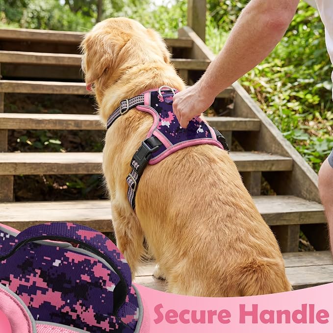Dog Harness No Pull, Adjustable Pet Vest Harness, Super Soft Material with Vertical Handle Easy Control, Reflective Night Walking, 2 Leash Clips for XLarge Dogs, Mosaic Pink, XL