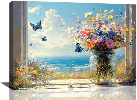 Beach Floral Bathroom Pictures Wall Art, Colorful Flower Bathroom Wall Decor, Coastal Ocean Framed Painting Canvas Artwork for Bedroom Living Room Decorations 24"L x 16"W