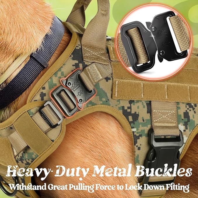rabbitgoo Tactical Dog Harness for Large, Heavy Duty Military No Pull Vest | Sturdy Metal Buckles, 5 Adjustments, Molle System, Powerful Pullers for Training, Hunting, Outdoor, Brown Camo, Large