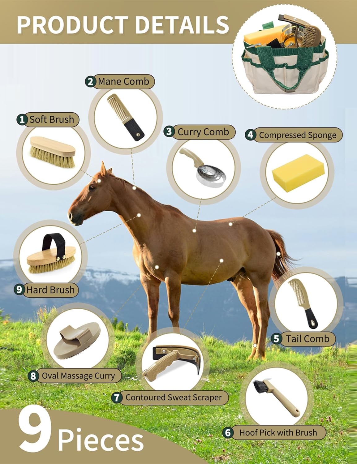 9 Pieces Horse Grooming Kit, Tack Room Supplies Set with Tote Bag, Horse Brush Set for Effective Cleaning and Bathing, Professional Equine Coat Care Kit for Horse Riders Beginner