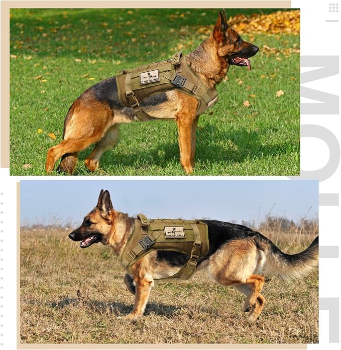 Tactical Service Dog Vest Harness K9 Military Molle Dog Vest for Outdoor Training Pet Harness with Rubber Handle & Metal Buckle (XL=(Neck 21.5"-24.5")(Chest 28.4"-30"), Khaki)