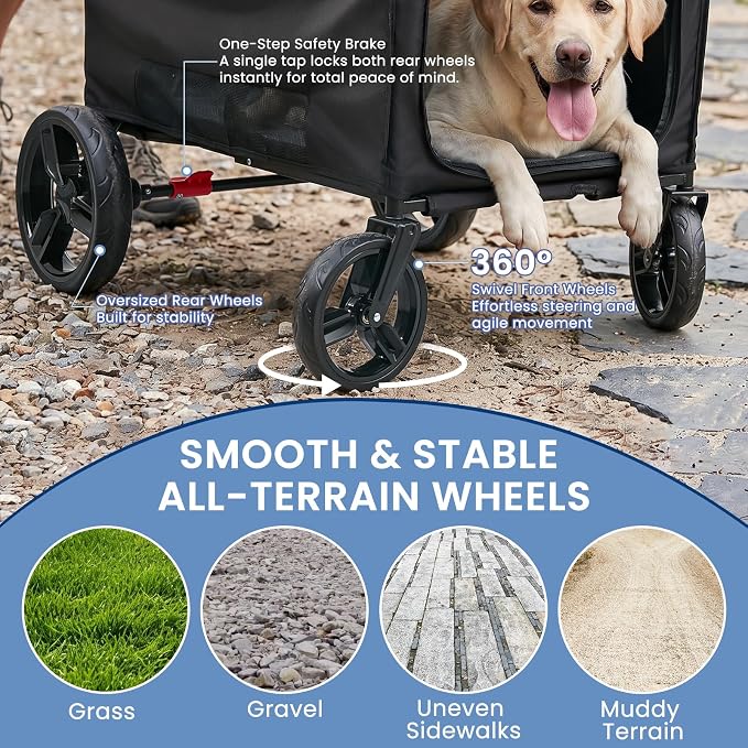 Large Dog Stroller for Medium & Large Dogs up to 350 lbs,Foldable Pet Wagon | Rear Ramp for Senior Dogs,Adjustable Handle,Washable Pad,All Terrain Wheels,Breathable Mesh Doors & Multiple Storage Pockets