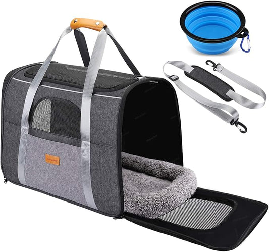 Morpilot Top and Side Expandable Cat Carrier, Collapsible Soft-Sided Pet Carrier for Medium/Large Cats and Puppies up to 20lbs for Car Rides and Vet Visits, with Dual-Sided Cushion& Bowl (Brown)