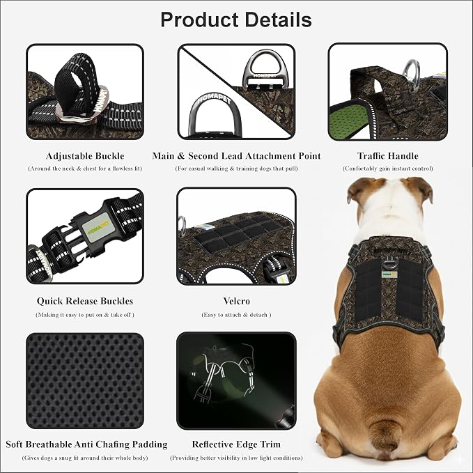 Homapet. Tactical Dog Harness with Dual Leash Attachment Points, Adjustable and Reflective Military Grade Dog Vest with Comfort Control Handle (Forest CAMO-M)