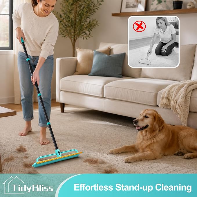TidyBliss Carpet Rake for Pet Hair Removal Tool, 56.7” Long Handle Silicone Rug Scraper Broom, Double-Sided Dog Cat Fur Comb Brush for Mats, Couch, Furniture, Car Interiors (Blue)