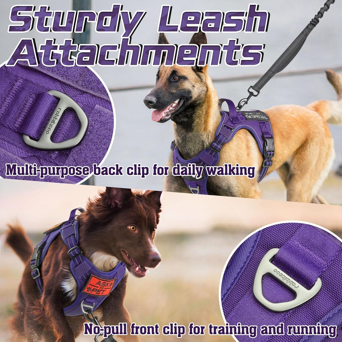 rabbitgoo Tactical Dog Harness for Large Dogs, No Pull Military Service Vest with Handle & Molle, Easy Control for Training Walking, Adjustable Reflective Straps, Purple, L