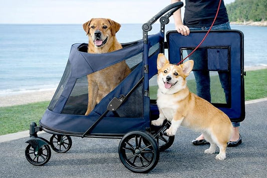 Pet Gear NO-Zip Pet Stroller with Dual Entry, Push Button Zipperless Entry for Single or Multiple Dogs/Cats, Pet Can Easily Walk in/Out, Gel-Filled Tires, Dark Sapphire, Excursion