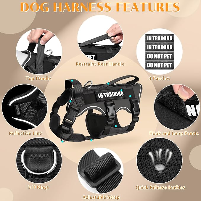 Escape Proof Dog Harness with Double Handle+4 Removable Patches | Service Working Molle Harness with Double Handle for Small Dogs, Tactical Pet Reflective Vest for Walking Hiking Hunting