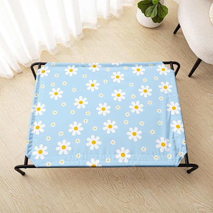 Blue Daisy Pattern Orthopedic Elevated Dog Pet Bed(47"X31"X9"),with Metal Frame,Printing Breathable Waterproof Dog Kennel,Sleeping Bed Set for Small Medium Large Dogs Cats,for Home,Outdoor Use