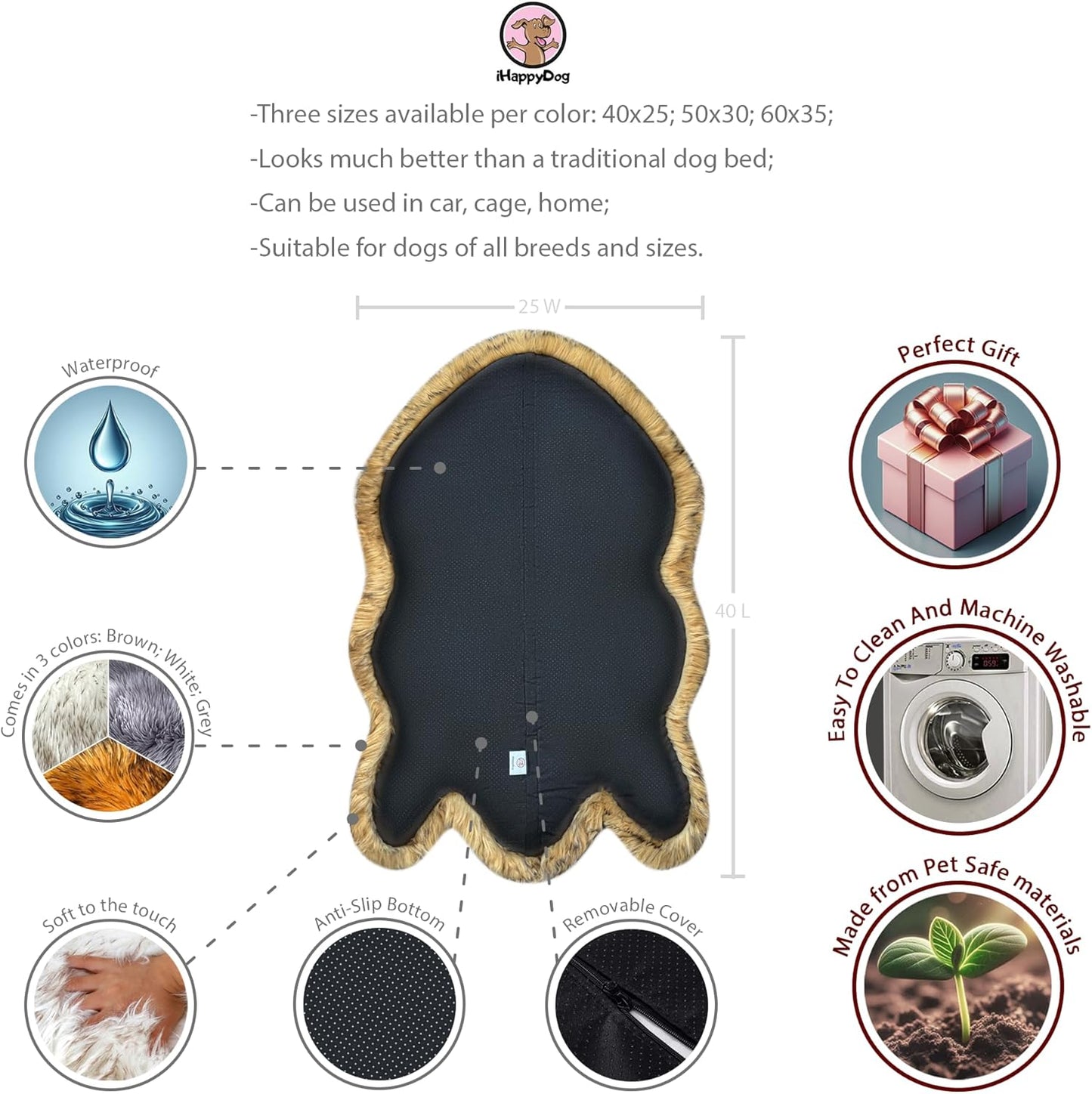 IHAPPYDOG Luxury Faux Fur Orthopedic Dog Bed, Memory Foam Dog Bed for Small, Medium, Large and XL Pets, Fluffy Pet Bed with Waterproof and Washable Cover (Brown, 40"x25")