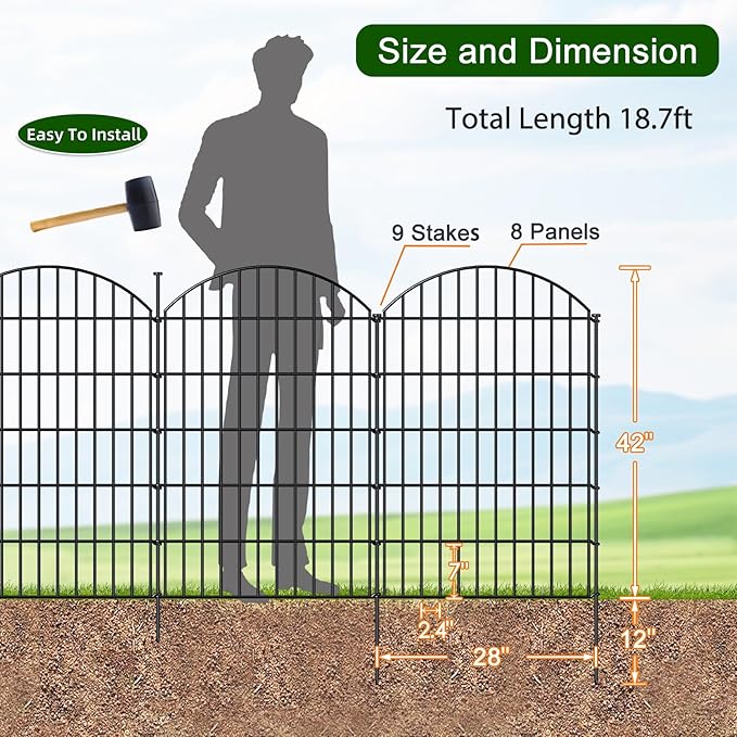 FOREHOGAR Metal Garden Fence 42in (H) x 18.7ft (L), 8 Panels + 9 Stakes Dog Fence Border Fence Animal Barrier, No Dig Garden Fencing for Yard Flower Bed Lawn Patio Outdoor, CTW4208 Black