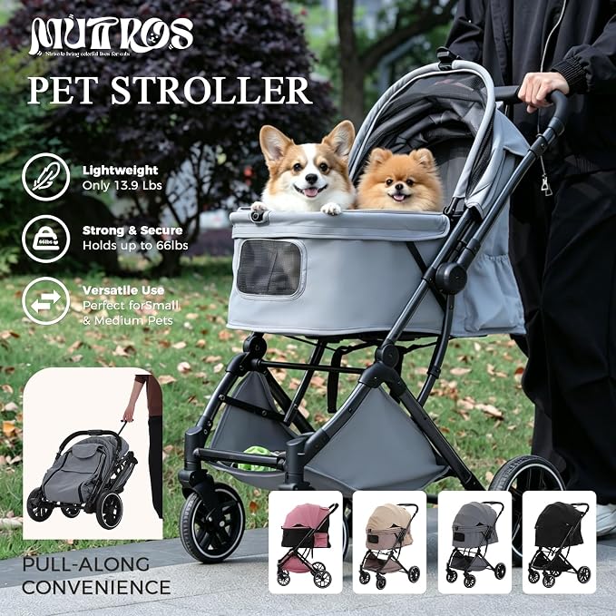 MUTTROS Pet Stroller for Small Medium Dogs & Cats Up to 66lbs, One Click Fold Dog Stroller, Large Cat Stroller w/All Terrain Shock Absorbing Wheels, Reversible Handle, Removable Washable Pad, Grey