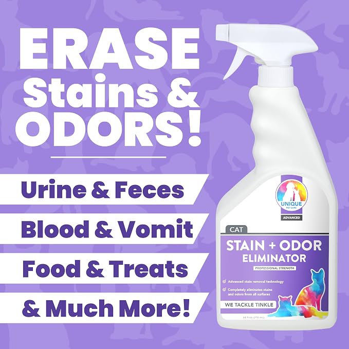 Unique Advanced Cat Odor & Stain Remover, Enzyme Cleaner Spray for Urine & Pet Accidents, Eliminates Odors at the Source, Carpet & Fabric Safe, 24 oz