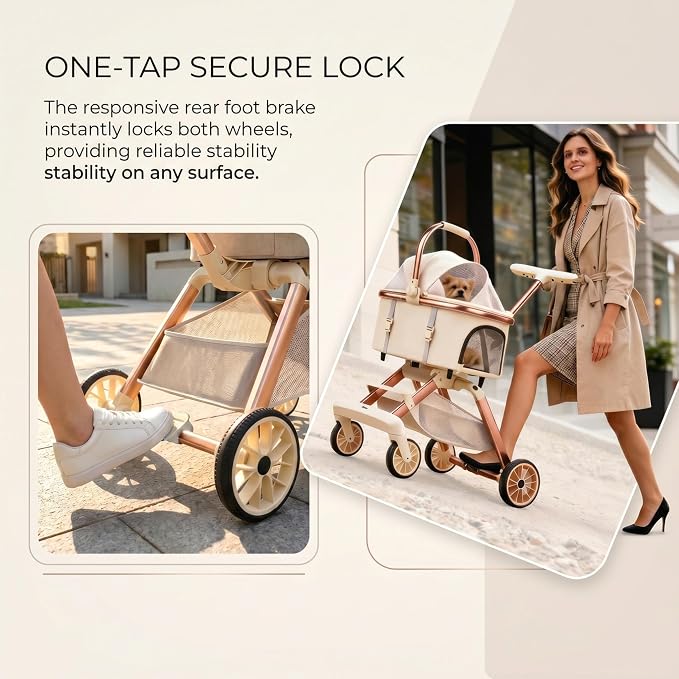 All-Terrain Pet Stroller for Small Medium Dogs & Cats, 20 lbs Capacity - Portable Carrier with One-Touch Brake, Lightweight Foldable Design & Shock Absorption Wheels,Khaki