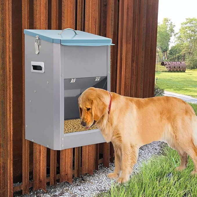 Automatic Large Dog Food Dispenser, 25lbs Outdoor Pets Feeder - Gravity Food Feeder Galvanized Metal Pet Food Station for Cats, Small, Medium, and Large Breeds
