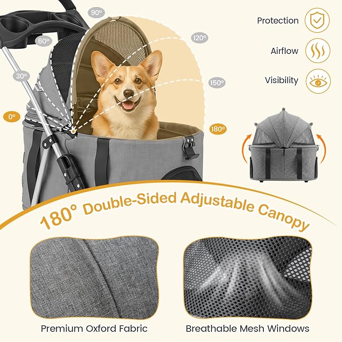 PETSITE 3-in-1 Pet Stroller for Small Medium Dogs, One-Click Foldable Dog Stroller with Detachable Carrier, Cup Holder & Storage Basket, Safety Leash, One-Step Rear Brake, Breathable Window (Grey)