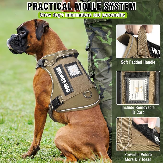 Tactical Service Dog Vest Harness and Leash Set with 10 Patches Brown L