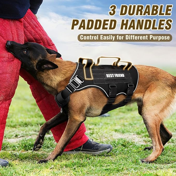 Air Mesh Tactical Dog Harness with Metal Buckles&MOLLE,Black Medium | Breathable Adjustable No Pull Service Dog Vest with 3 Padded Handles,Military Dog Harness for Training Hiking Hunting Working