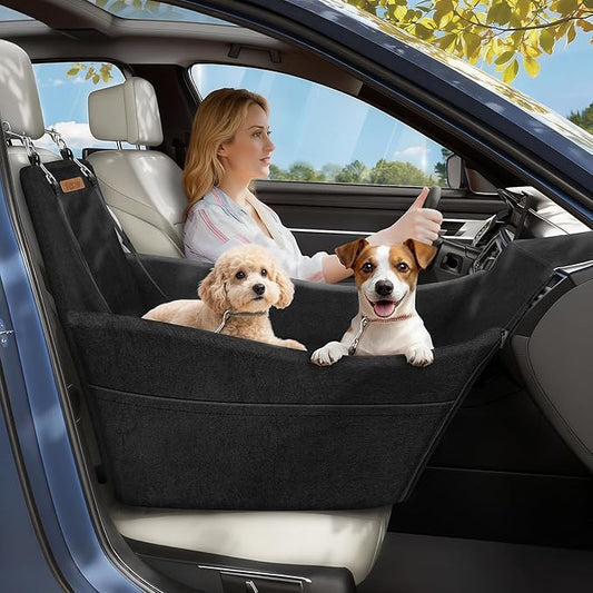 Elevated Dog Car Seat for Small and Medium Dogs Up to 35 lb | 4" High-Density Foam Dog Car Bed, 2 Storage Pockets,3 Safety Belts,Fully Removable and Washable for Easy Care,Black