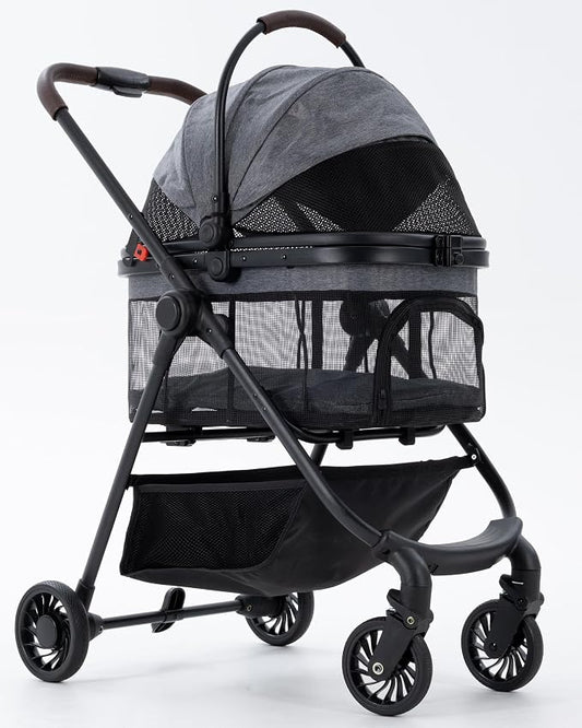 3 in 1 Pet Carrier Stroller with Detachable Carrier, Foldable Dog & Cat Stroller for Small/Medium Dogs up to 33 lbs, Large Storage Bag, Full Window Mesh, One-Touch Dual Brake, Car Seat
