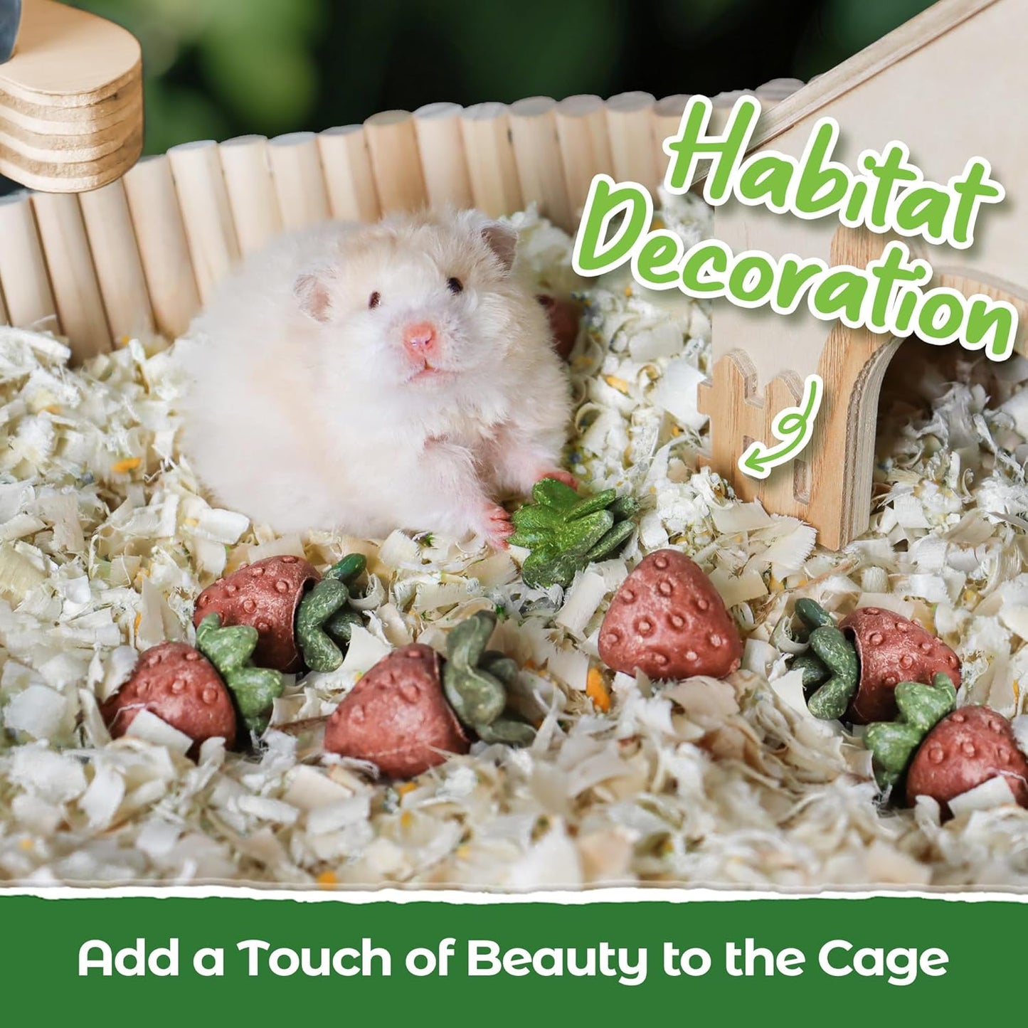 TEEWY 4PCS Hamster Chew Toys, Guinea Pig Chew Toys for Teeth with Natural Vegetables and Timothy Grass, Chinchilla Toys,Dental Care for Rats/Guinea Pigs/Hamsters and Gerbil, Strawberry-Shape