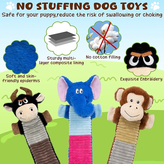 MeetYooo 3 Pack No Stuffing Dog Squeaky Toys, Dog Chew Toys with Crinkle and Squeaker, Cute Animal PlushToys to Keep Them Busy, Suitable for Large, Medium and Small Breeds （Elephant&Monkey&Cattle